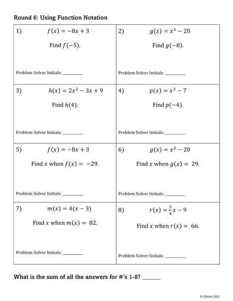 Team Target Review: Functions & Function Notation Group Review Activity Grade 9