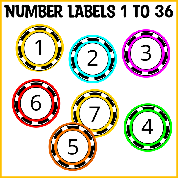 Printable Number Labels 1 to 36, Round Bright Number Labels, Editable
