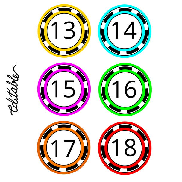 Printable Number Labels 1 to 36, Round Bright Number Labels, Editable