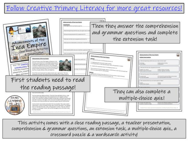 Advancements of Inca Empire Reading Comprehension Activities | 5th & 6th Grade