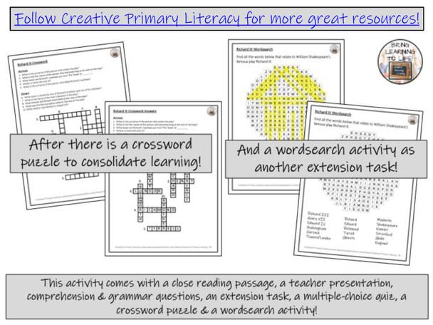 William Shakespeare's Richard III Close Reading Comprehension | 5th & 6th Grade