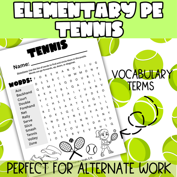 Elementary PE Tennis Wordsearch