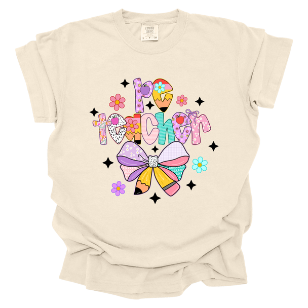 Pastel PE Teacher Pencil Bow Comfort Colors