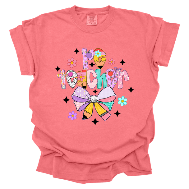 Pastel PE Teacher Pencil Bow Comfort Colors