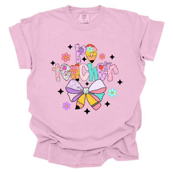 Pastel PE Teacher Pencil Bow Comfort Colors