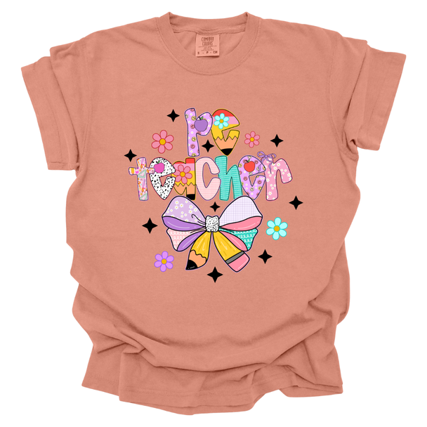 Pastel PE Teacher Pencil Bow Comfort Colors