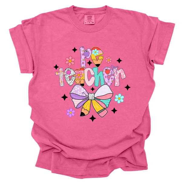 Pastel PE Teacher Pencil Bow Comfort Colors