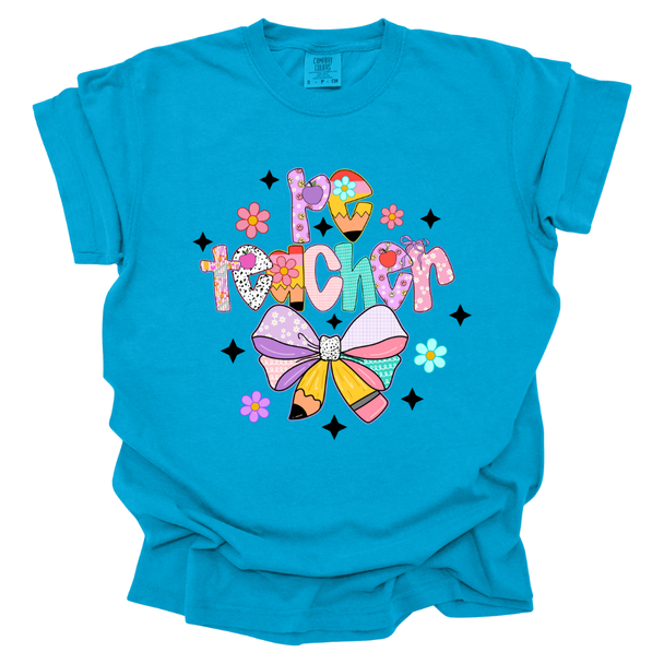 Pastel PE Teacher Pencil Bow Comfort Colors