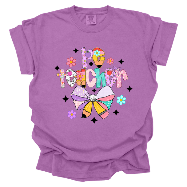 Pastel PE Teacher Pencil Bow Comfort Colors