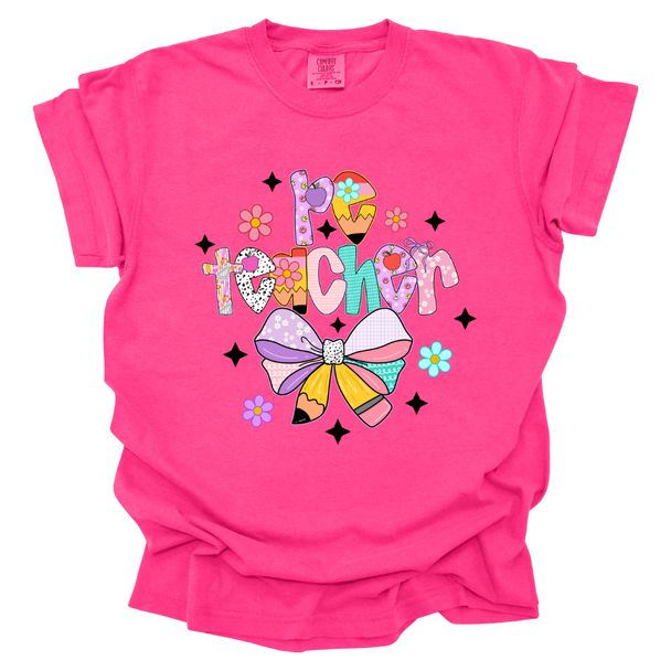 Pastel PE Teacher Pencil Bow Comfort Colors