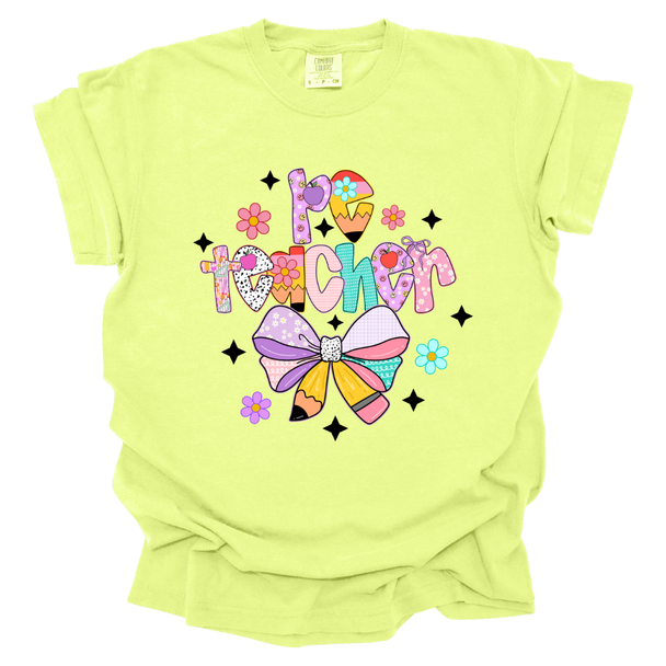 Pastel PE Teacher Pencil Bow Comfort Colors