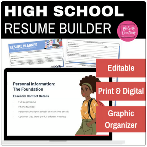 High School Resume Builder | Editable Resume Slides, Graphic Organizers, Digital