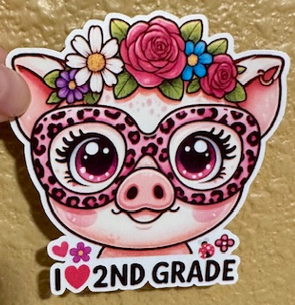 I ❤️ 2ND GRADE Pig Sticker – Cute Animal Teacher Sticker |Waterproof Vinyl