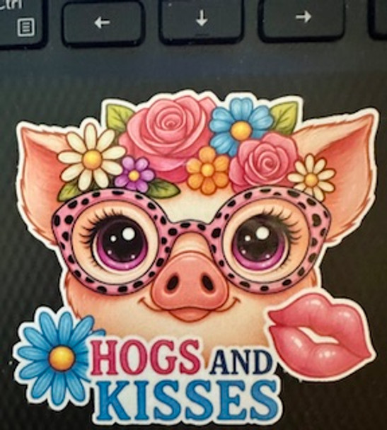 "Hogs and Kisses" Cute Pig Waterproof Vinyl Sticker – Floral Glasses & Fun Farm Pun