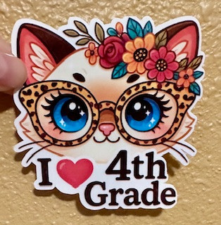 I ❤️ 4th Grade Cat Waterproof Vinyl Sticker – Leopard Glasses & Floral Crown  