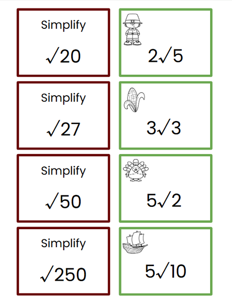 Thanksgiving 8th Grade Exponents and Roots Card Matching Game