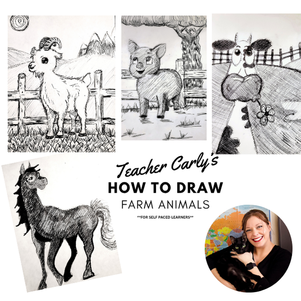 In this farm-themed drawing class, we will learn how to draw using a variety of shading techniques, play interactive games, engage in educational discussions, and discover fun facts about the subjects we draw.