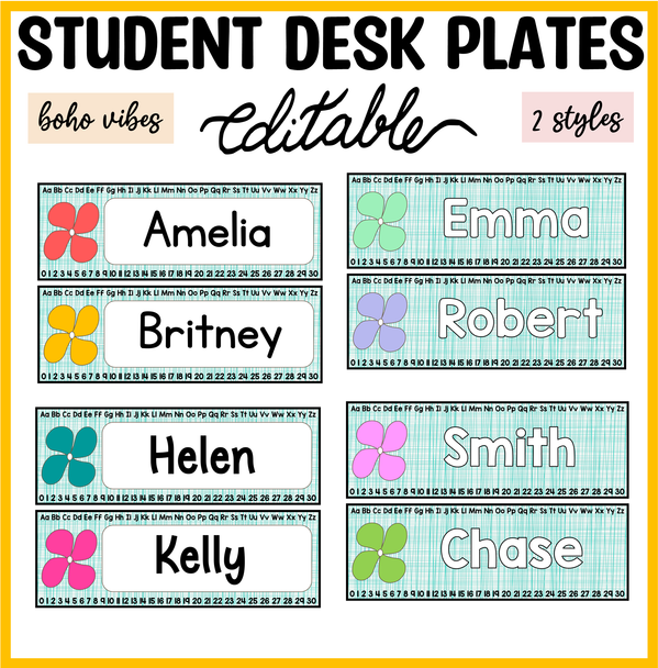Printable Bright Student Desk Plates, Editable Classroom Labels
