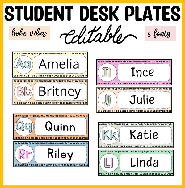 Printable Alphabets Student Desk Plates for Kindergarten, Grade 1 Desk Plates
