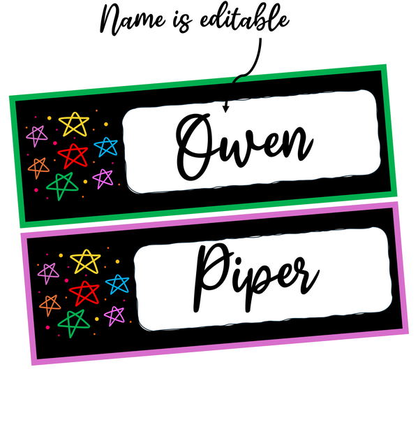 Printable Black and Bright Student Desk Plates, Editable Student Desk Posters