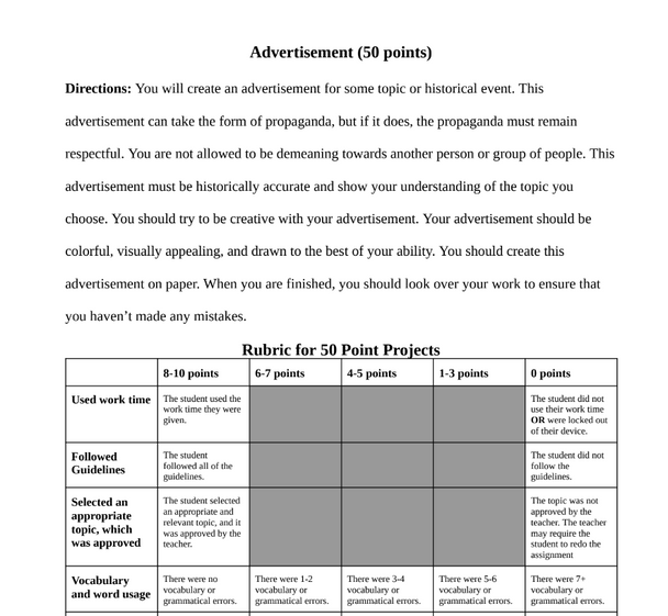 Advertisement Directions and Rubric