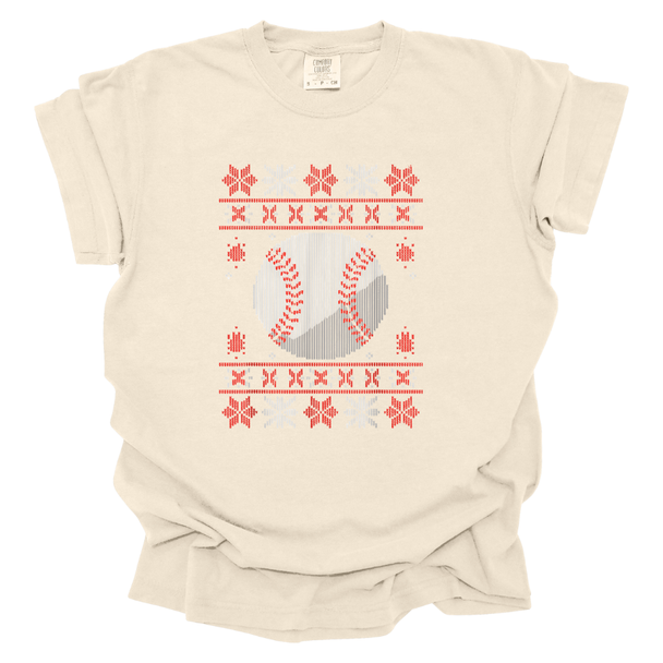 Baseball Christmas Sweater Print - Comfort Colors T-shirt