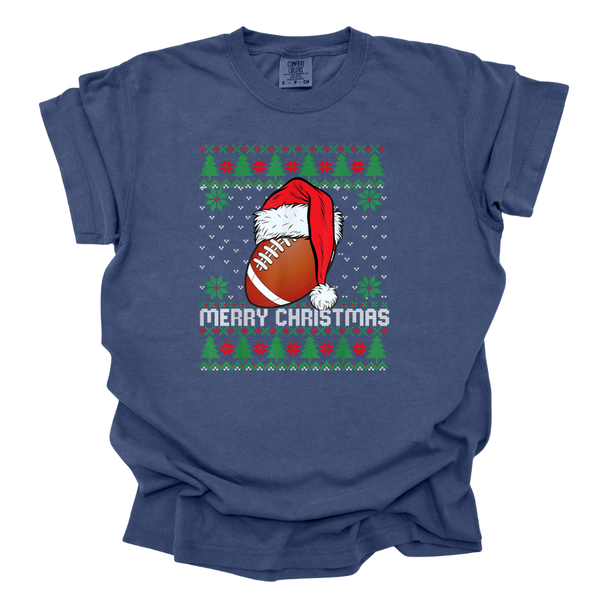 Merry Christmas Football Sweater Print - Comfort Colors T-Shirt