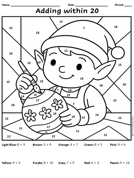 Christmas Math Color by Number – Adding Within 20 | 1st Grade Worksheet