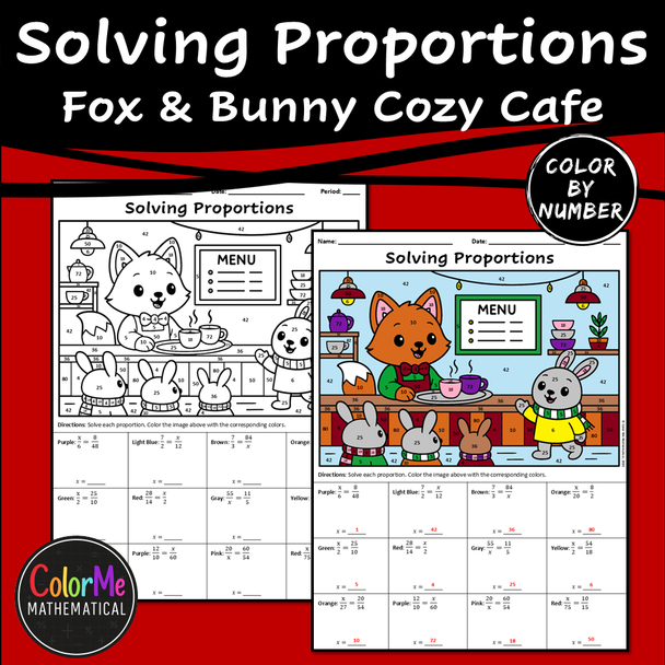 Solving Proportions - Winter Math Color by Number (Fox & Bunny Barista)