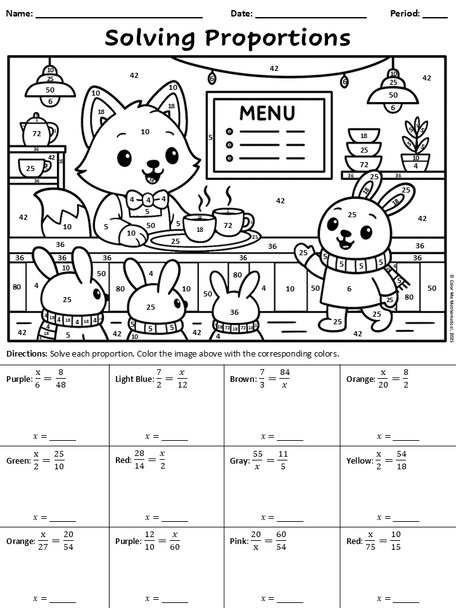 Solving Proportions - Winter Math Color by Number (Fox & Bunny Barista)