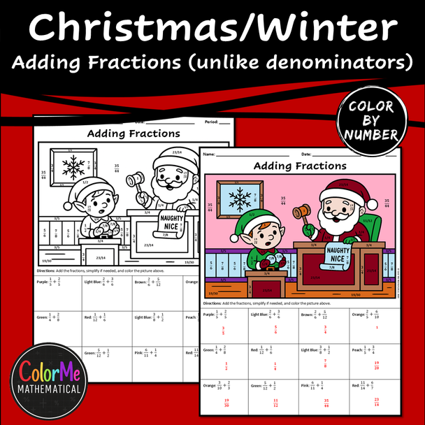 Christmas Math Color by Number – Adding Fractions with Unlike Denominators (5th)