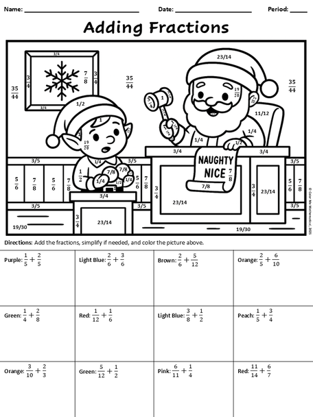 Christmas Math Color by Number – Adding Fractions with Unlike Denominators (5th)