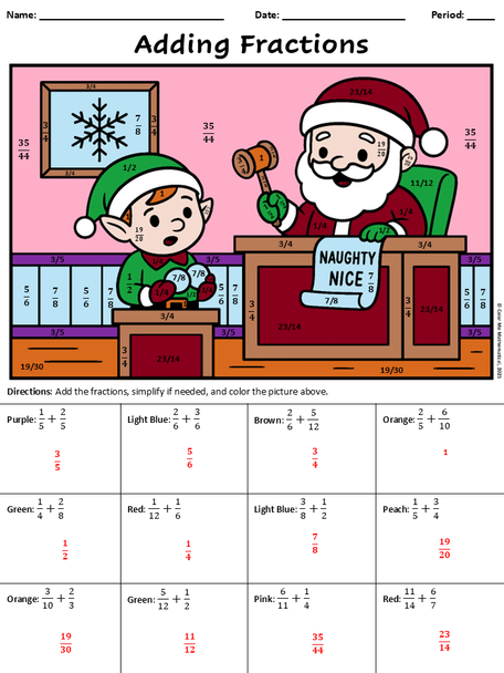 Christmas Math Color by Number – Adding Fractions with Unlike Denominators (5th)