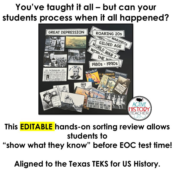 US History EOC Review Activity Eras Picture Sort STAAR 11th Test Prep Hands-On