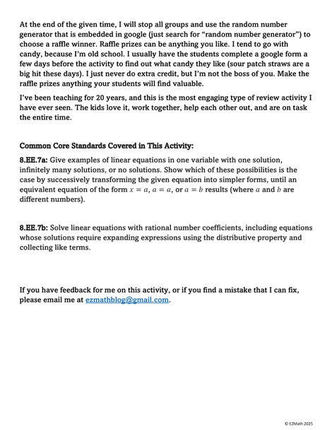 Team Target Review: Solving Multi-Step Equations Group Review Activity PART 2 Grade 8