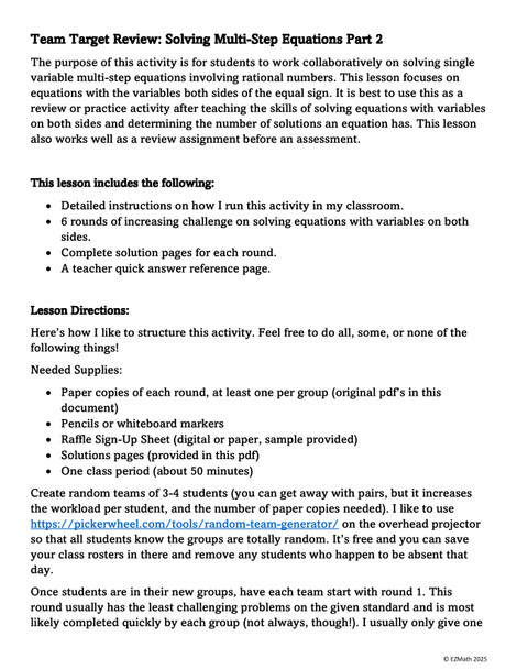Team Target Review: Solving Multi-Step Equations Group Review Activity PART 2 Grade 8