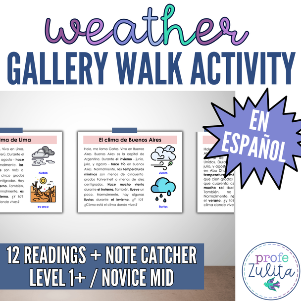 12 Spanish Weather Readings - El Clima Gallery Walk Back to School Activity