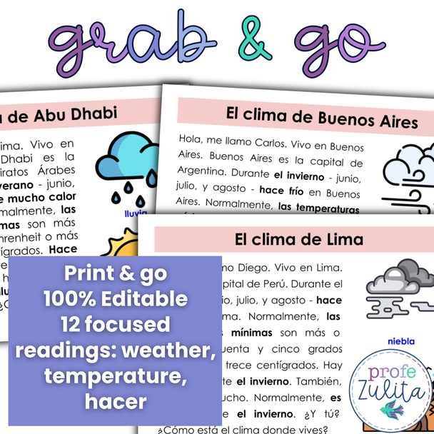 12 Spanish Weather Readings - El Clima Gallery Walk Back to School Activity
