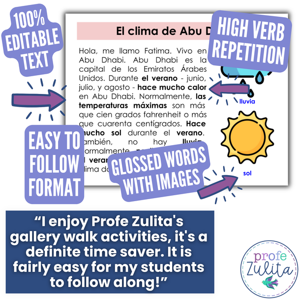 12 Spanish Weather Readings - El Clima Gallery Walk Back to School Activity