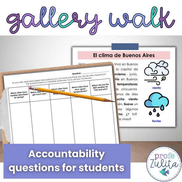 12 Spanish Weather Readings - El Clima Gallery Walk Back to School Activity
