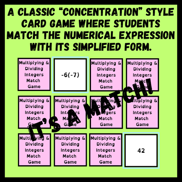 Multiplying & Dividing Integers Concentration Card Match Game | Grade 7 Math