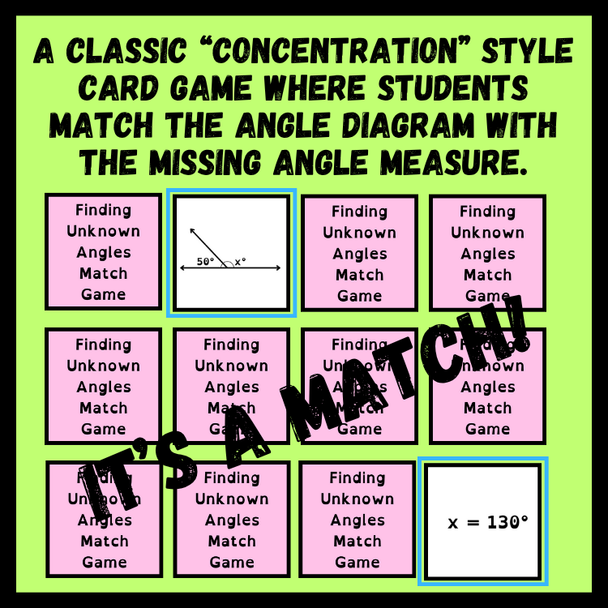 Finding Unknown Angles Concentration Card Match Game | 7th Grade Math Activity