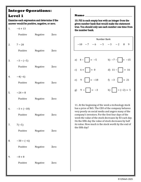 Level Ups: Operations With Integers Practice Activity | 7th Grade Math