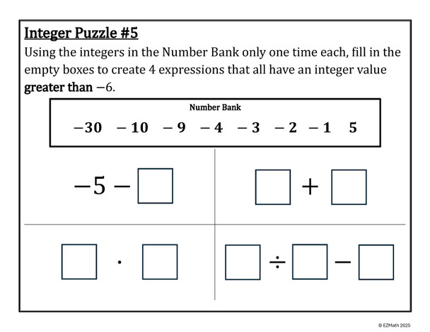 Expression Maker: Integer Operations Puzzle Activity for 7th Grade Math