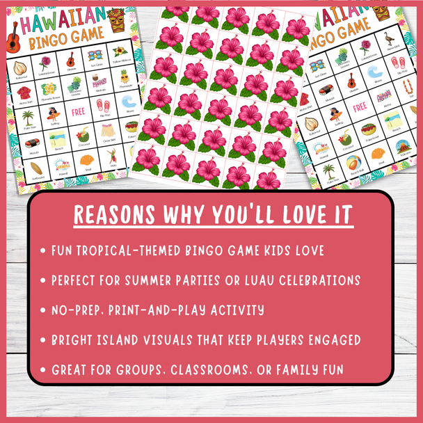 No Prep Hawaiian Luau Day Bingo Summer End of Year Party Aloha Tropical Activity