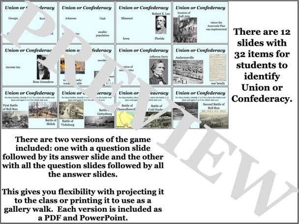 The Civil War Review Game Union or Confederacy Activity