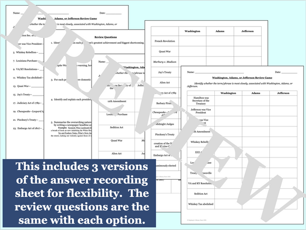 Presidents Washington Adams and Jefferson Review Game Activity