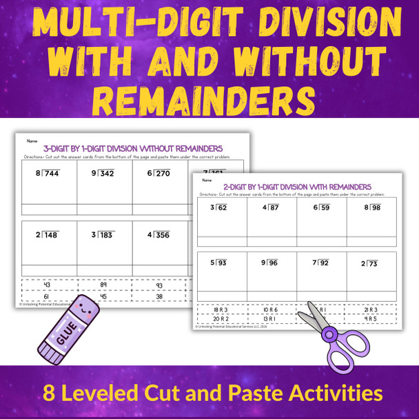 Leveled Long Division Cut and Paste Activities for 4th/ 5th Grade with & without