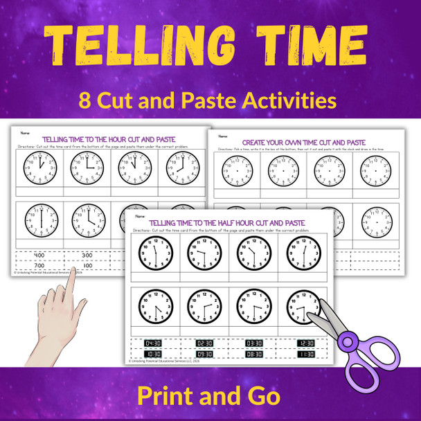 Telling Time Cut & Paste Activities | Analog & Digital Clocks | 2nd & 3rd Grade