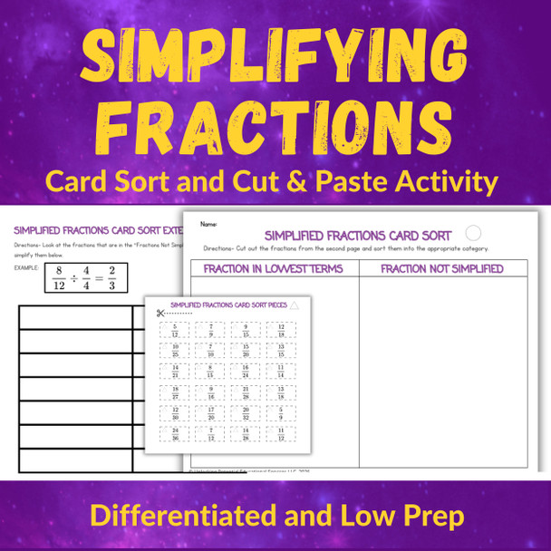 Simplifying Fractions Cut and Paste & Card Sorting Activity | Grades 4 and 5